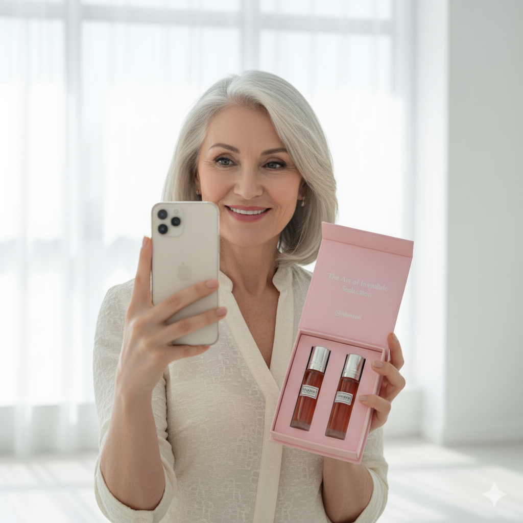 Femme tenant le coffret Pheroeli contenant deux parfums