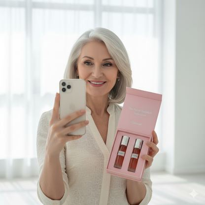 Femme tenant le coffret Pheroeli contenant deux parfums